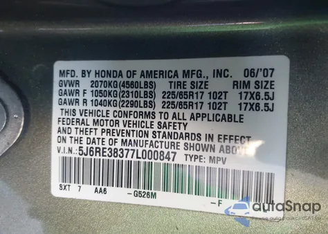 2007 Honda Cr-V Lx из США, поврежденный, VIN 5J6RE38377L000847